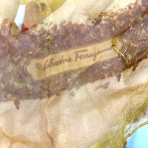 SALVATORE FERRAGAMO Sheer Scarf Silk Rectangle Burnt Orange Flowers Butterflies - Picture 11 of 11